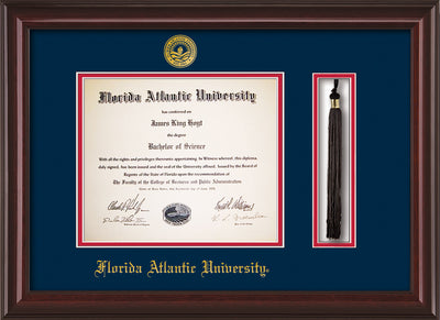 Image of Florida Atlantic University Diploma Frame - Mahogany Lacquer - w/Embossed FAU Seal & Name - Tassel Holder - Navy on Red mat