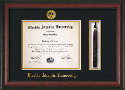 Image of Florida Atlantic University Diploma Frame - Rosewood - w/Embossed FAU Seal & Name - Tassel Holder - Black on Gold mat