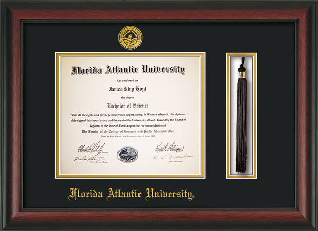 Image of Florida Atlantic University Diploma Frame - Rosewood - w/Embossed FAU Seal & Name - Tassel Holder - Black on Gold mat