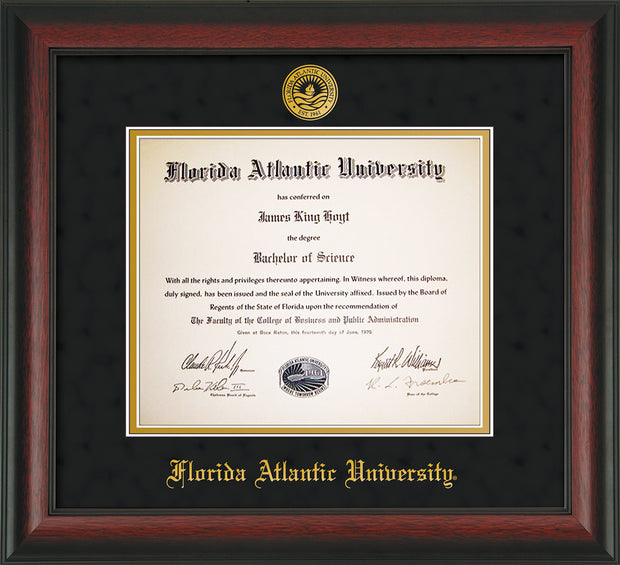 Image of Florida Atlantic University Diploma Frame - Rosewood - w/Embossed FAU Seal & Name - Black Suede on Gold mat