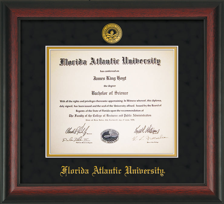 Image of Florida Atlantic University Diploma Frame - Rosewood - w/Embossed FAU Seal & Name - Black Suede on Gold mat
