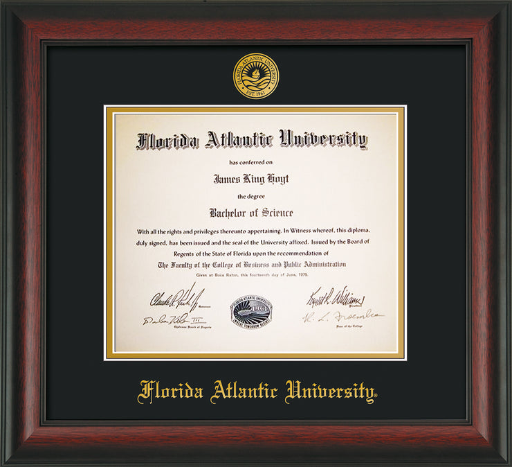 Image of Florida Atlantic University Diploma Frame - Rosewood - w/Embossed FAU Seal & Name - Black on Gold mat