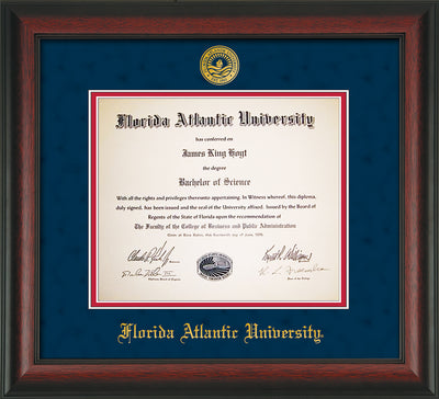 Image of Florida Atlantic University Diploma Frame - Rosewood - w/Embossed FAU Seal & Name - Navy Suede on Red mat