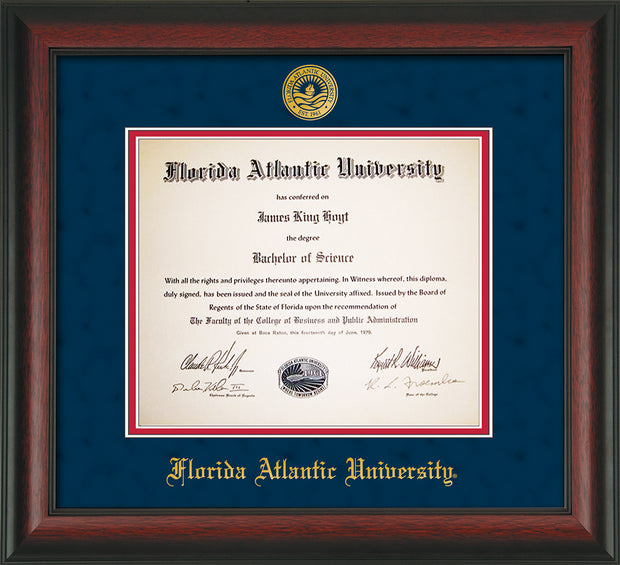 Image of Florida Atlantic University Diploma Frame - Rosewood - w/Embossed FAU Seal & Name - Navy Suede on Red mat