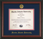 Image of Florida Atlantic University Diploma Frame - Rosewood - w/Embossed FAU Seal & Name - Navy on Red mat