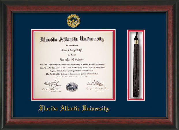Image of Florida Atlantic University Diploma Frame - Rosewood - w/Embossed FAU Seal & Name - Tassel Holder - Navy on Red mat