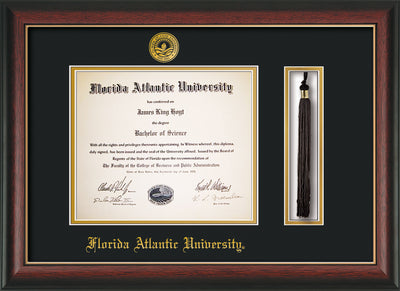Image of Florida Atlantic University Diploma Frame - Rosewood w/Gold Lip - w/Embossed FAU Seal & Name - Tassel Holder - Black on Gold mat
