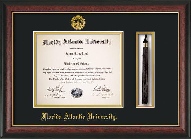 Image of Florida Atlantic University Diploma Frame - Rosewood w/Gold Lip - w/Embossed FAU Seal & Name - Tassel Holder - Black on Gold mat