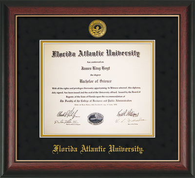 Image of Florida Atlantic University Diploma Frame - Rosewood w/Gold Lip - w/Embossed FAU Seal & Name - Black Suede on Gold mat
