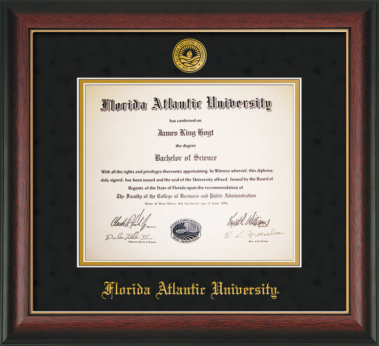 Image of Florida Atlantic University Diploma Frame - Rosewood w/Gold Lip - w/Embossed FAU Seal & Name - Black Suede on Gold mat