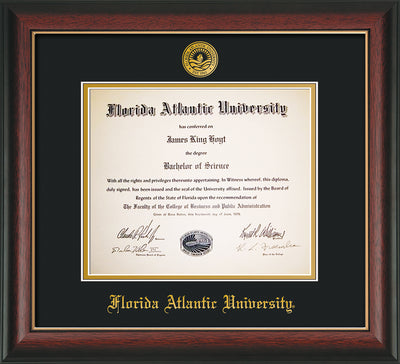 Image of Florida Atlantic University Diploma Frame - Rosewood w/Gold Lip - w/Embossed FAU Seal & Name - Black on Gold mat
