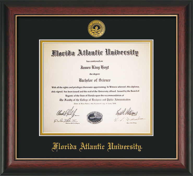 Image of Florida Atlantic University Diploma Frame - Rosewood w/Gold Lip - w/Embossed FAU Seal & Name - Black on Gold mat