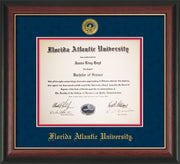 Image of Florida Atlantic University Diploma Frame - Rosewood w/Gold Lip - w/Embossed FAU Seal & Name - Navy Suede on Red mat
