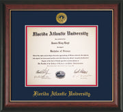 Image of Florida Atlantic University Diploma Frame - Rosewood w/Gold Lip - w/Embossed FAU Seal & Name - Navy on Red mat