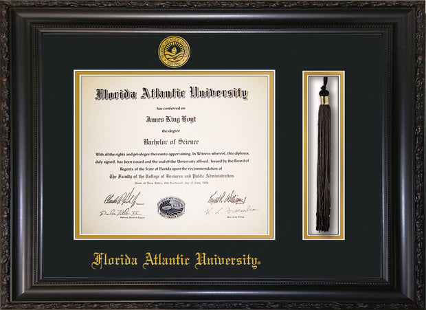 Image of Florida Atlantic University Diploma Frame - Vintage Black Scoop - w/Embossed FAU Seal & Name - Tassel Holder - Black on Gold mat