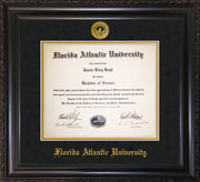 Image of Florida Atlantic University Diploma Frame - Vintage Black Scoop - w/Embossed FAU Seal & Name - Black Suede on Gold mat