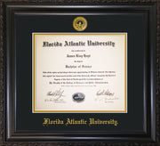 Image of Florida Atlantic University Diploma Frame - Vintage Black Scoop - w/Embossed FAU Seal & Name - Black on Gold mat