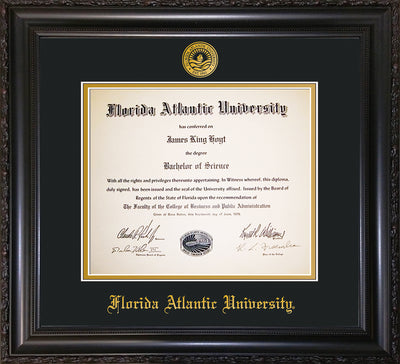 Image of Florida Atlantic University Diploma Frame - Vintage Black Scoop - w/Embossed FAU Seal & Name - Black on Gold mat