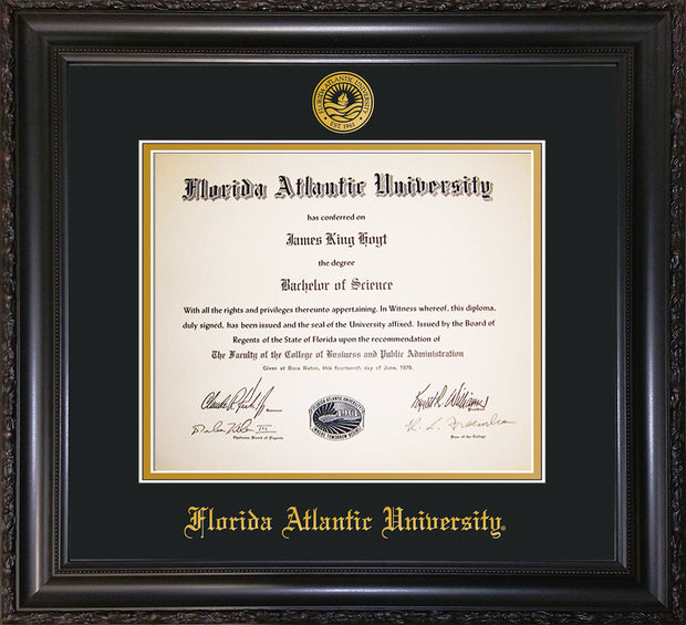 Image of Florida Atlantic University Diploma Frame - Vintage Black Scoop - w/Embossed FAU Seal & Name - Black on Gold mat