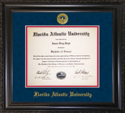 Image of Florida Atlantic University Diploma Frame - Vintage Black Scoop - w/Embossed FAU Seal & Name - Navy Suede on Red mat