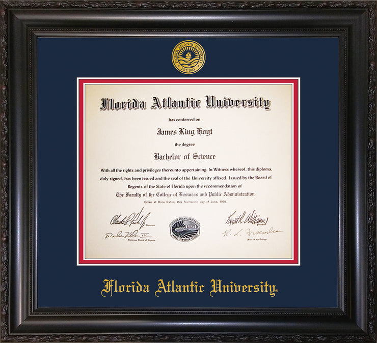 Image of Florida Atlantic University Diploma Frame - Vintage Black Scoop - w/Embossed FAU Seal & Name - Navy on Red mat