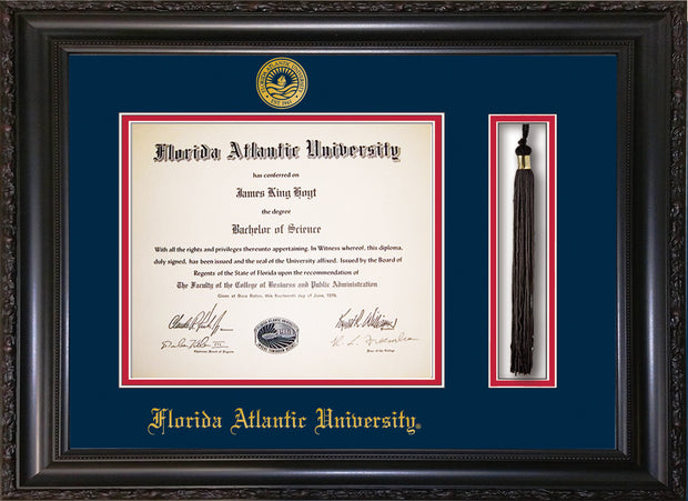 Image of Florida Atlantic University Diploma Frame - Vintage Black Scoop - w/Embossed FAU Seal & Name - Tassel Holder - Navy on Red mat