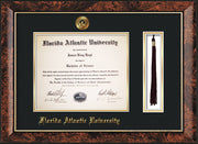 Image of Florida Atlantic University Diploma Frame - Walnut - w/Embossed FAU Seal & Name - Tassel Holder - Black on Gold mat