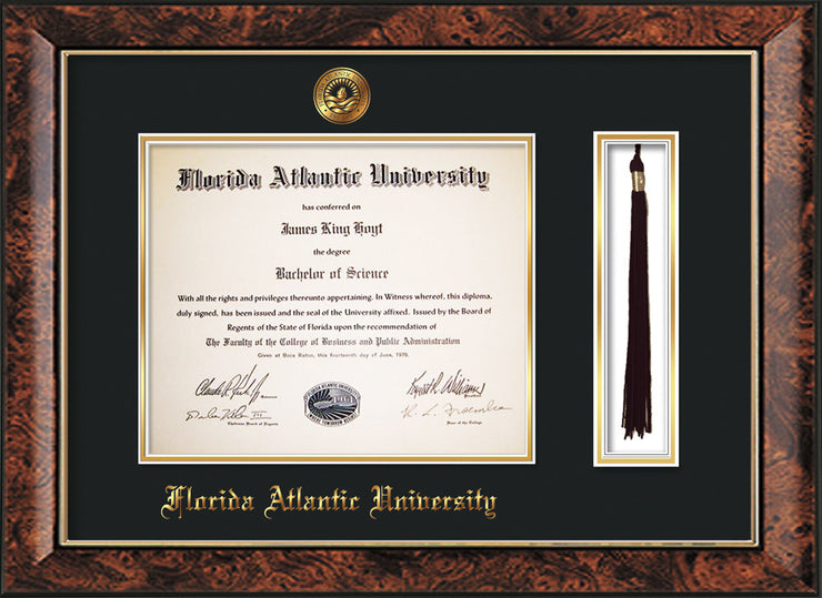 Image of Florida Atlantic University Diploma Frame - Walnut - w/Embossed FAU Seal & Name - Tassel Holder - Black on Gold mat
