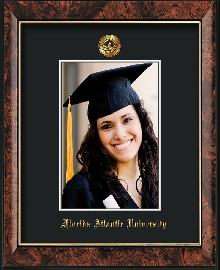 Image of Florida Atlantic University 5 x 7 Photo Frame - Walnut - w/Official Embossing of FAU Seal & Name - Single Black mat
