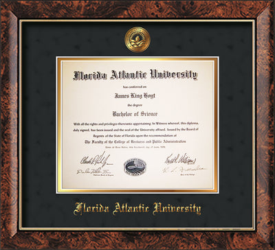 Image of Florida Atlantic University Diploma Frame - Walnut - w/Embossed FAU Seal & Name - Black Suede on Gold mat
