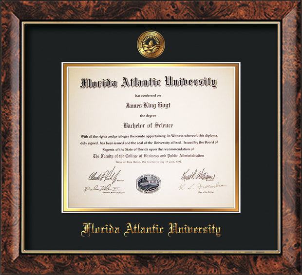 Image of Florida Atlantic University Diploma Frame - Walnut - w/Embossed FAU Seal & Name - Black on Gold mat