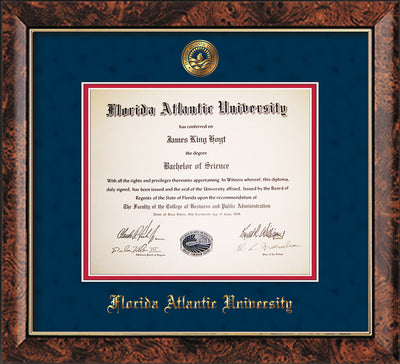 Image of Florida Atlantic University Diploma Frame - Walnut - w/Embossed FAU Seal & Name - Navy Suede on Red mat