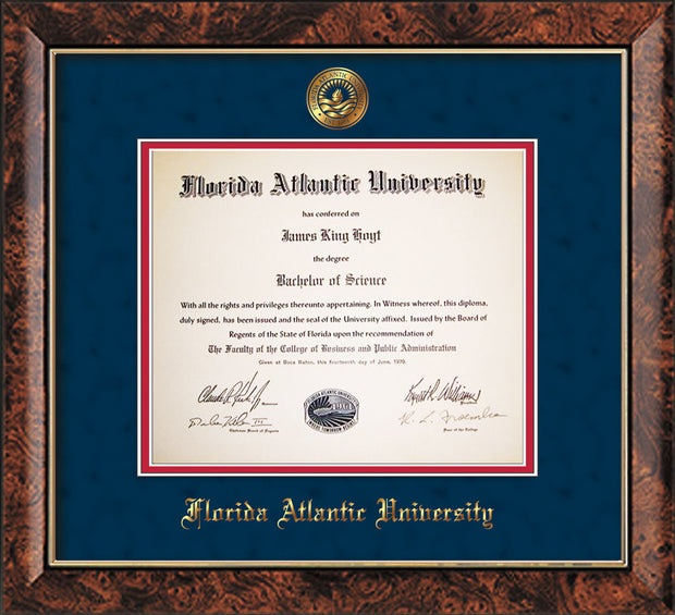 Image of Florida Atlantic University Diploma Frame - Walnut - w/Embossed FAU Seal & Name - Navy Suede on Red mat
