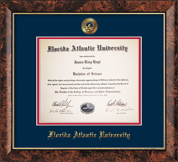 Image of Florida Atlantic University Diploma Frame - Walnut - w/Embossed FAU Seal & Name - Navy on Red mat