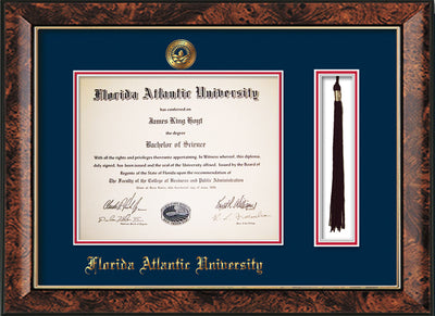 Image of Florida Atlantic University Diploma Frame - Walnut - w/Embossed FAU Seal & Name - Tassel Holder - Navy on Red mat