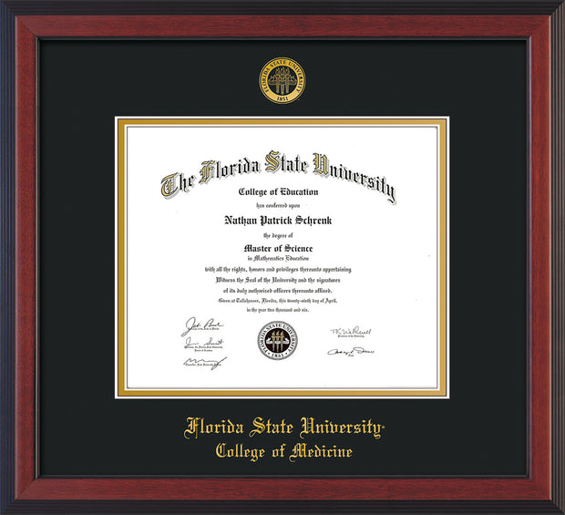 Image of Florida State University Diploma Frame - Cherry Reverse - w/Embossed FSU Seal & College of Medicine Name - Black on Gold mats