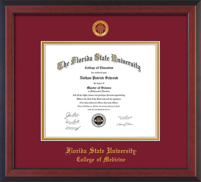 Image of Florida State University Diploma Frame - Cherry Reverse - w/Embossed FSU Seal & College of Medicine Name - Garnet on Gold mats