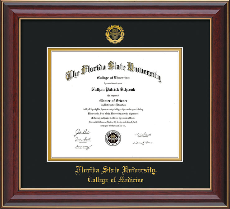 Image of Florida State University Diploma Frame - Cherry Lacquer - w/Embossed FSU Seal & College of Medicine Name - Black on Gold mats
