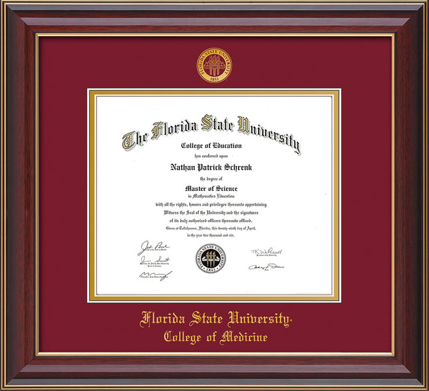 Image of Florida State University Diploma Frame - Cherry Lacquer - w/Embossed FSU Seal & College of Medicine Name - Garnet on Gold mats