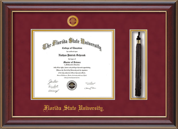 Image of Florida State University Diploma Frame - Cherry Lacquer - w/Embossed FSU Seal & Name - Tassel Holder - Garnet Suede on Gold mats