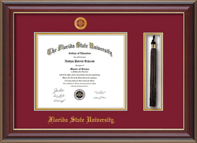 Image of Florida State University Diploma Frame - Cherry Lacquer - w/Embossed FSU Seal & Name - Tassel Holder - Garnet on Gold mats