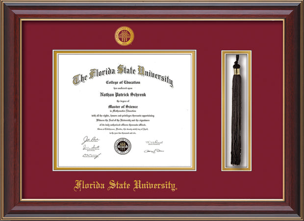 Image of Florida State University Diploma Frame - Cherry Lacquer - w/Embossed FSU Seal & Name - Tassel Holder - Garnet on Gold mats