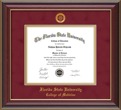 Image of Florida State University Diploma Frame - Cherry Lacquer - w/Embossed FSU Seal & College of Medicine Name - Garnet Suede on Gold mats