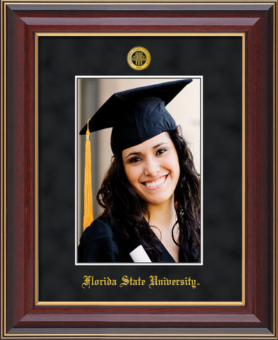 Image of Florida State University 5 x 7 Photo Frame - Cherry Lacquer - w/Official Embossing of FSU Seal & Name - Single Black Suede mat