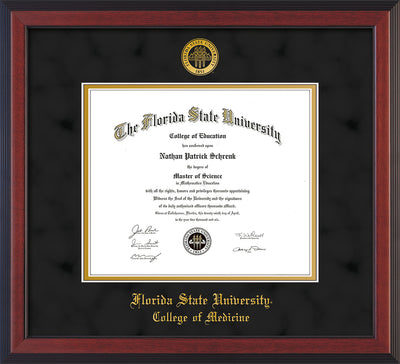 Image of Florida State University Diploma Frame - Cherry Reverse - w/Embossed FSU Seal & College of Medicine Name - Black Suede on Gold mats