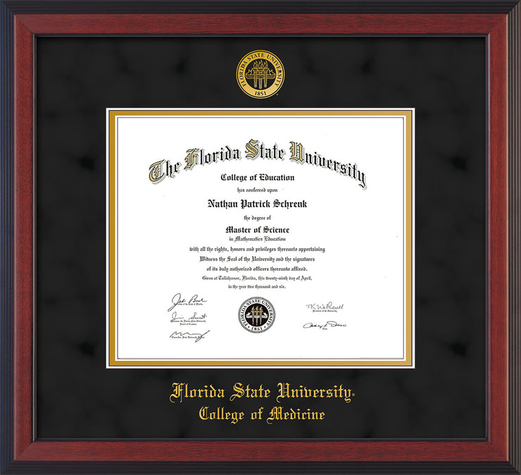 Image of Florida State University Diploma Frame - Cherry Reverse - w/Embossed FSU Seal & College of Medicine Name - Black Suede on Gold mats