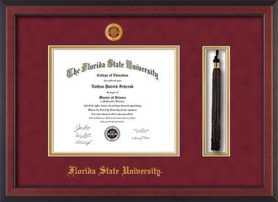 Image of Florida State University Diploma Frame - Cherry Reverse - w/Embossed FSU Seal & Name - Tassel Holder - Garnet Suede on Gold mats