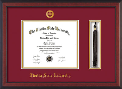 Image of Florida State University Diploma Frame - Cherry Reverse - w/Embossed FSU Seal & Name - Tassel Holder - Garnet on Gold mats