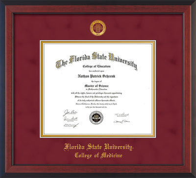 Image of Florida State University Diploma Frame - Cherry Reverse - w/Embossed FSU Seal & College of Medicine Name - Garnet Suede on Gold mats