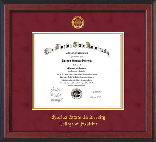 Image of Florida State University Diploma Frame - Cherry Reverse - w/Embossed FSU Seal & College of Medicine Name - Garnet Suede on Gold mats
